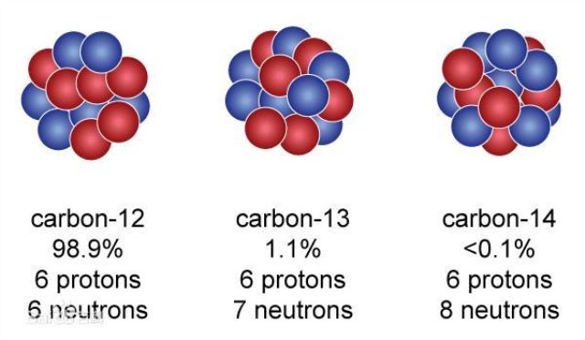 (注:carbon:碳;protons:质子数(图中红色球代表);neutrons:中子数(图中蓝色球代表))
